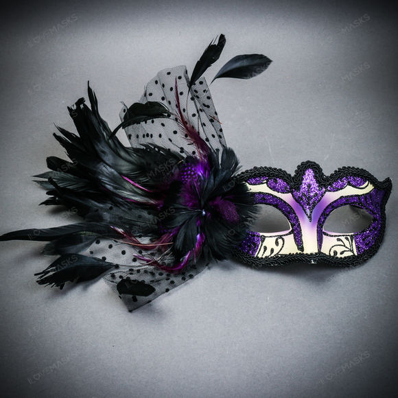 Venetian Black Side Feather Purple Glitter Women Eyes Mask Masquerade Prom Mask - Picture 1 of 4